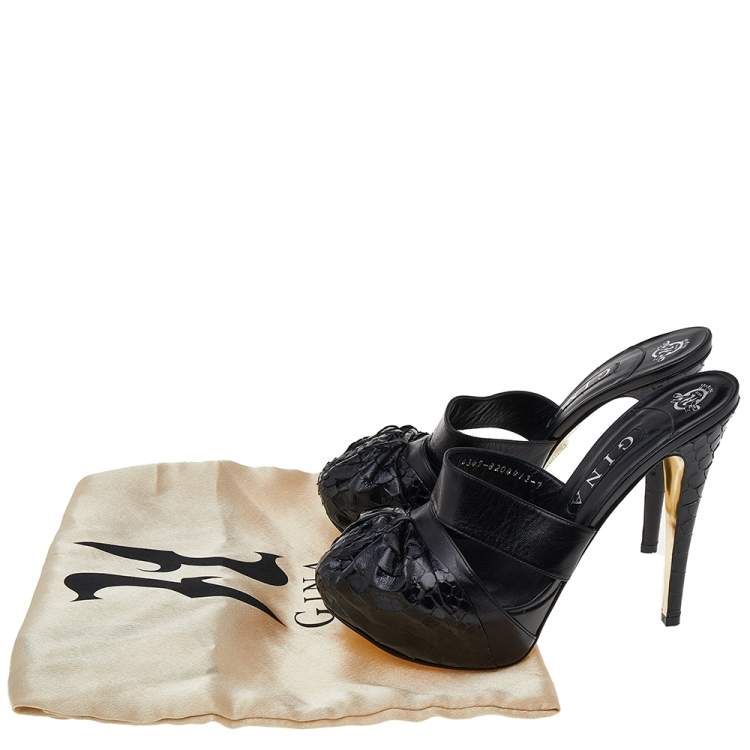 Pre Owned Gina Black Leather and Python Platform Close Toe Slide Sandals Size 40