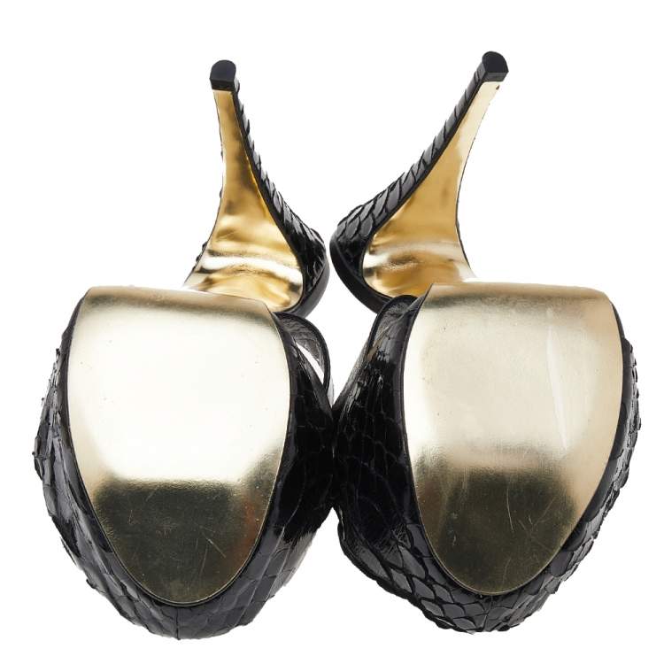 Pre Owned Gina Black Leather and Python Platform Close Toe Slide Sandals Size 40