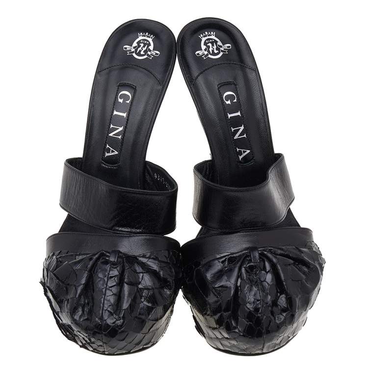 Pre Owned Gina Black Leather and Python Platform Close Toe Slide Sandals Size 40