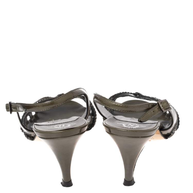 Pre Owned Gina Green Patent Leather Crystal Embellished Slingback Sandals Size 37