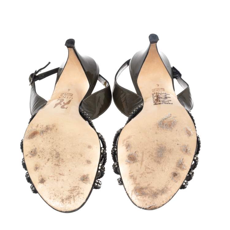 Pre Owned Gina Green Patent Leather Crystal Embellished Slingback Sandals Size 37