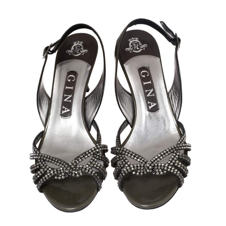 Pre Owned Gina Green Patent Leather Crystal Embellished Slingback Sandals Size 37