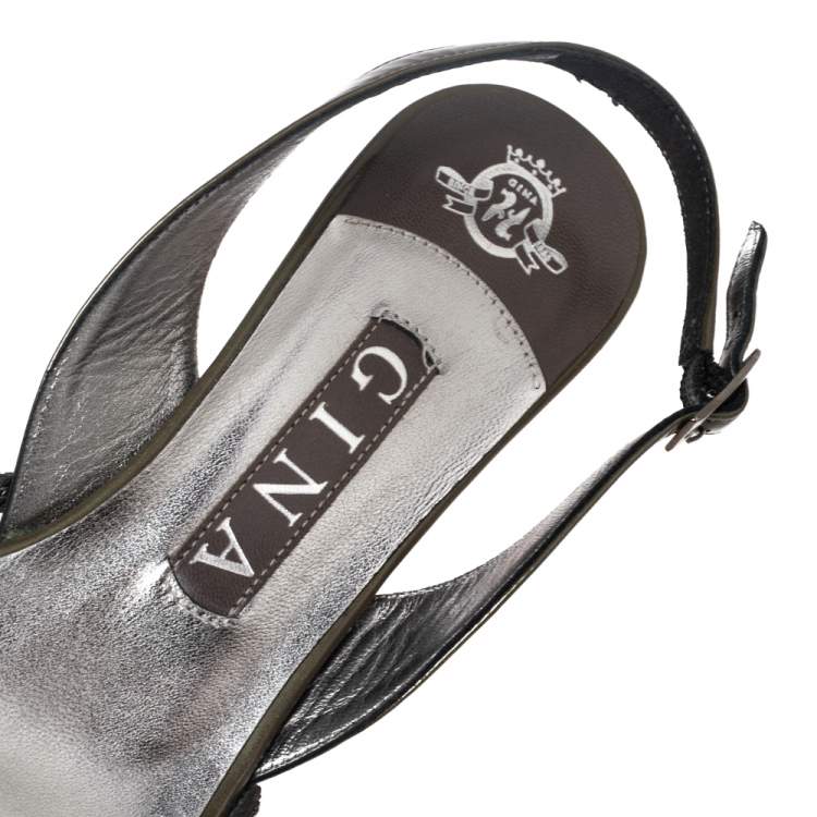 Pre Owned Gina Green Patent Leather Crystal Embellished Slingback Sandals Size 37