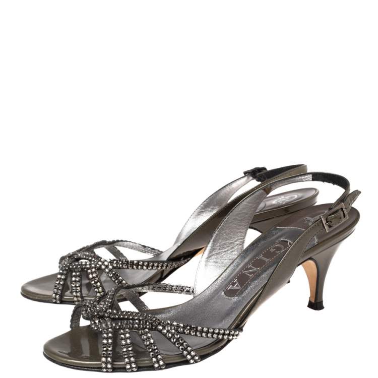 Pre Owned Gina Green Patent Leather Crystal Embellished Slingback Sandals Size 37