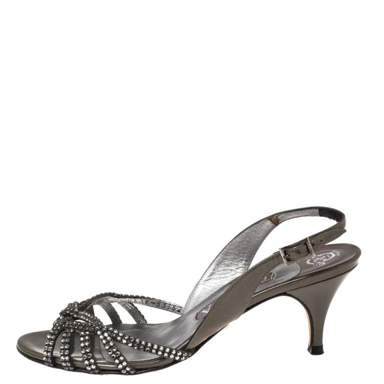 Pre Owned Gina Green Patent Leather Crystal Embellished Slingback Sandals Size 37