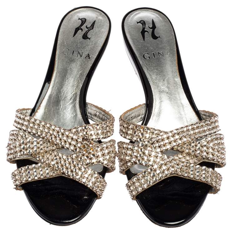 Pre Owned Gina Silver Leather Crystal Embellished Slide Sandals Size 37