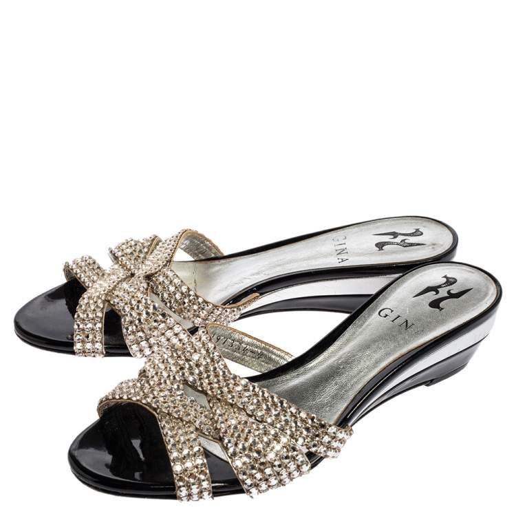 Pre Owned Gina Silver Leather Crystal Embellished Slide Sandals Size 37