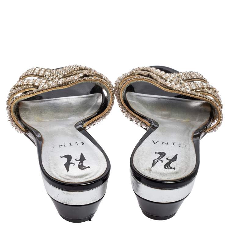 Pre Owned Gina Silver Leather Crystal Embellished Slide Sandals Size 37