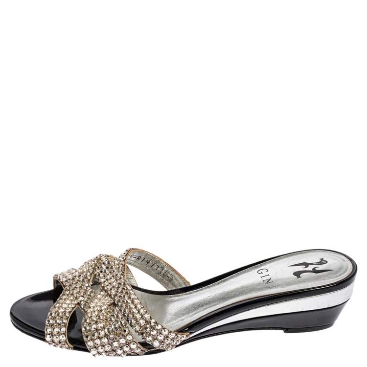 Pre Owned Gina Silver Leather Crystal Embellished Slide Sandals Size 37