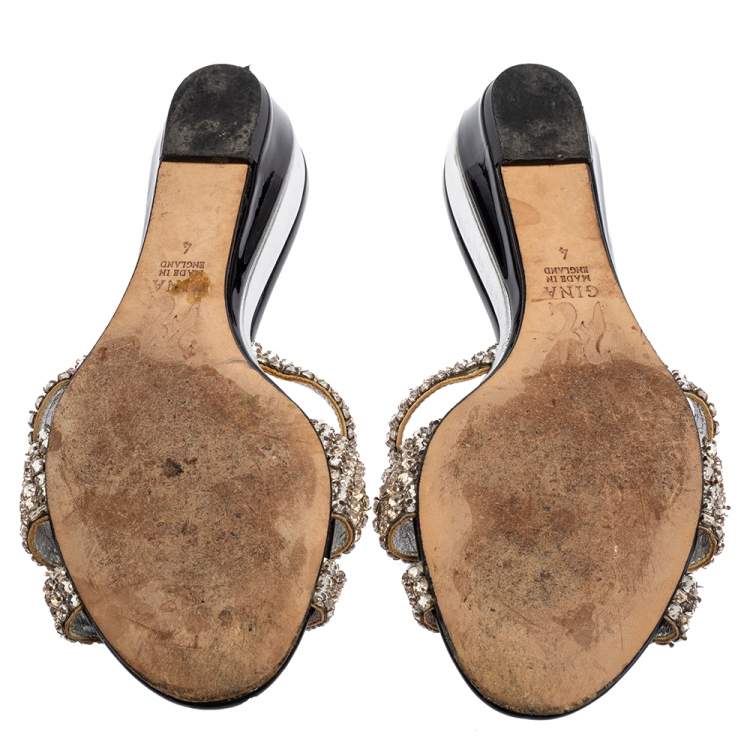 Pre Owned Gina Silver Leather Crystal Embellished Slide Sandals Size 37