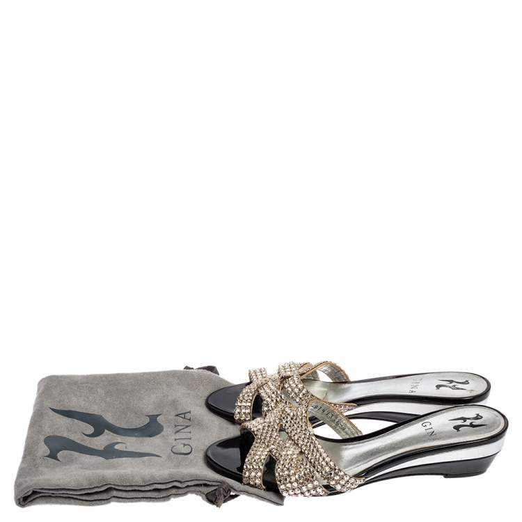 Pre Owned Gina Silver Leather Crystal Embellished Slide Sandals Size 37