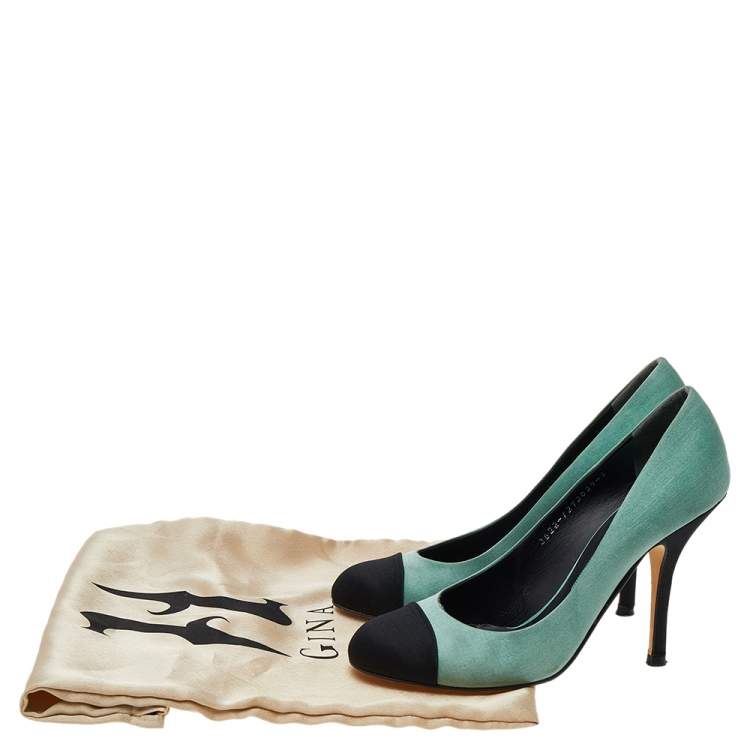 Pre Owned Gina Green/Black Satin Cap Toe Pumps Size 38