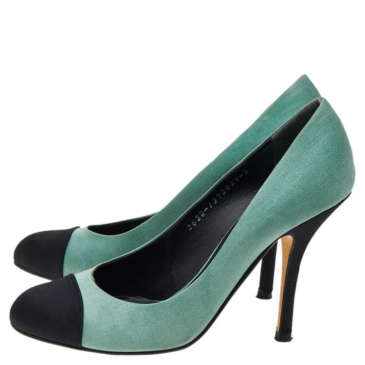 Pre Owned Gina Green/Black Satin Cap Toe Pumps Size 38
