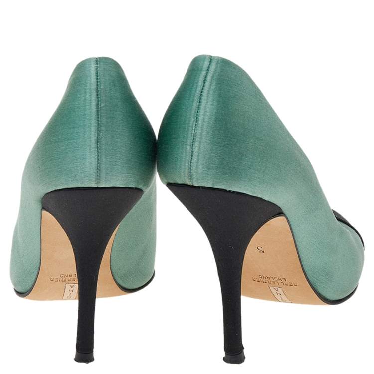 Pre Owned Gina Green/Black Satin Cap Toe Pumps Size 38