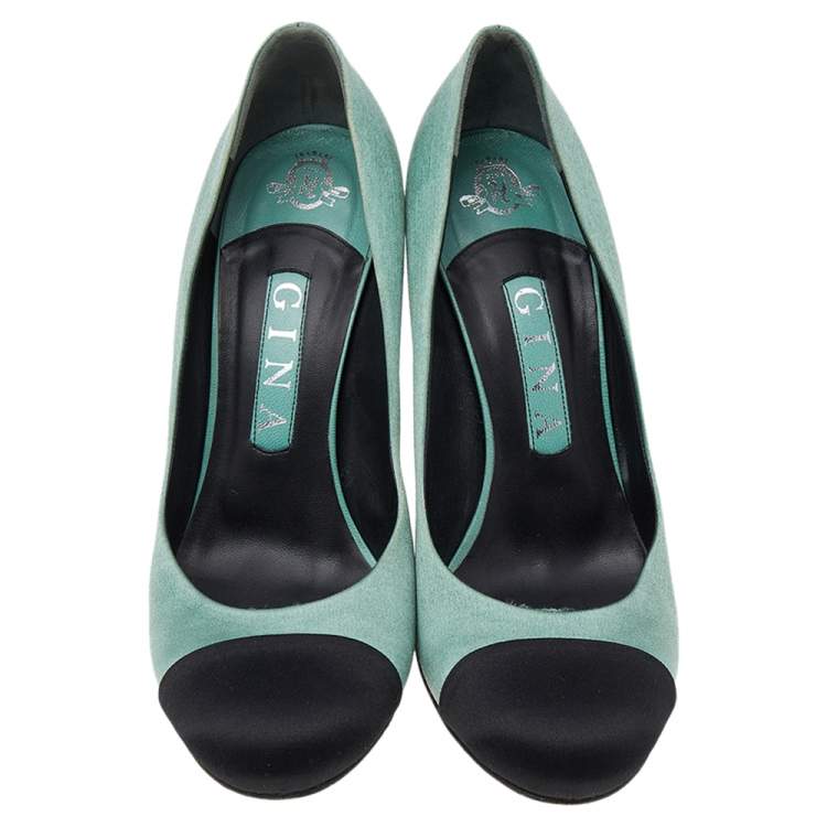 Pre Owned Gina Green/Black Satin Cap Toe Pumps Size 38