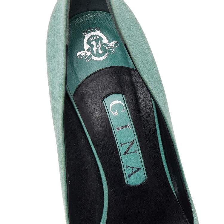 Pre Owned Gina Green/Black Satin Cap Toe Pumps Size 38