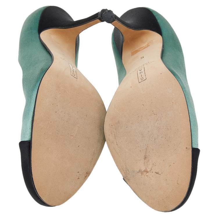 Pre Owned Gina Green/Black Satin Cap Toe Pumps Size 38