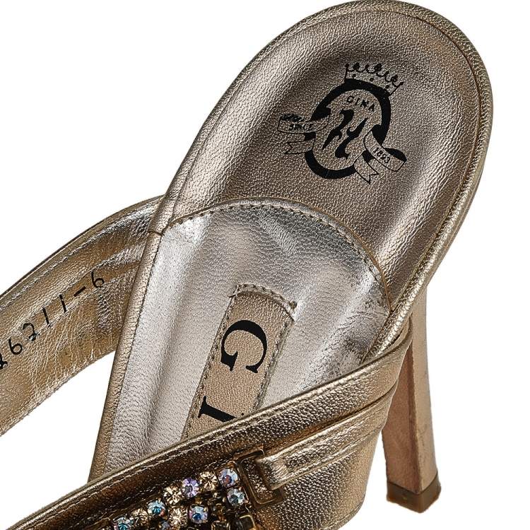 Pre Owned Gina Metallic Gold Leather Crystal Embellished Thong Sandals Size 39