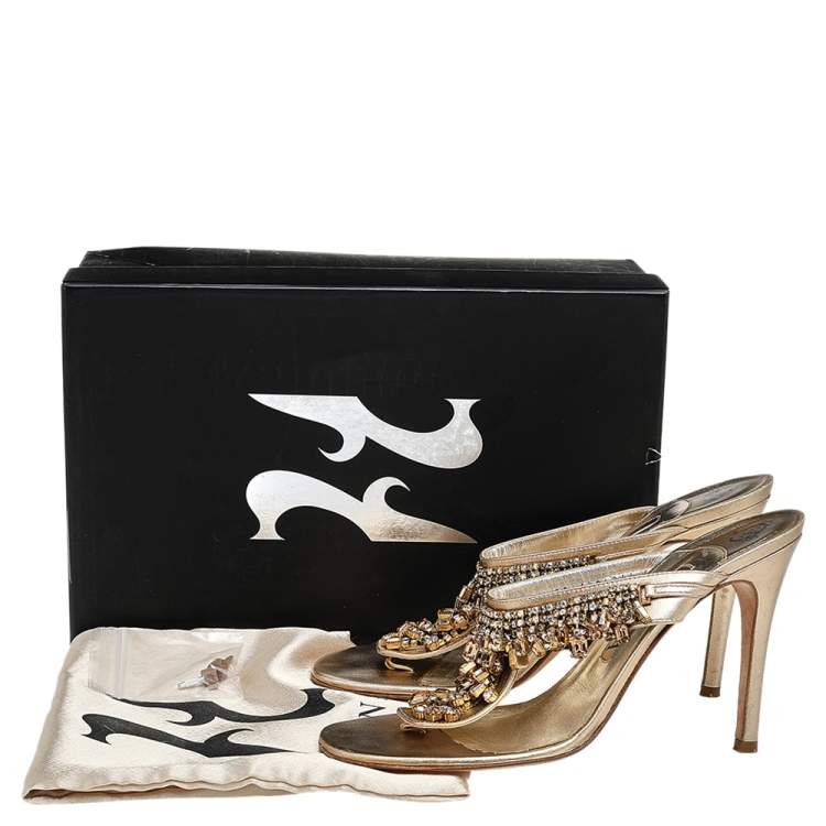 Pre Owned Gina Metallic Gold Leather Crystal Embellished Thong Sandals Size 39