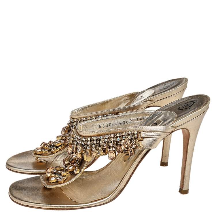 Pre Owned Gina Metallic Gold Leather Crystal Embellished Thong Sandals Size 39