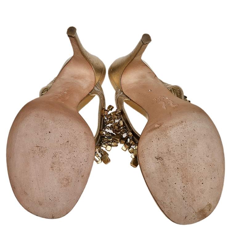 Pre Owned Gina Metallic Gold Leather Crystal Embellished Thong Sandals Size 39