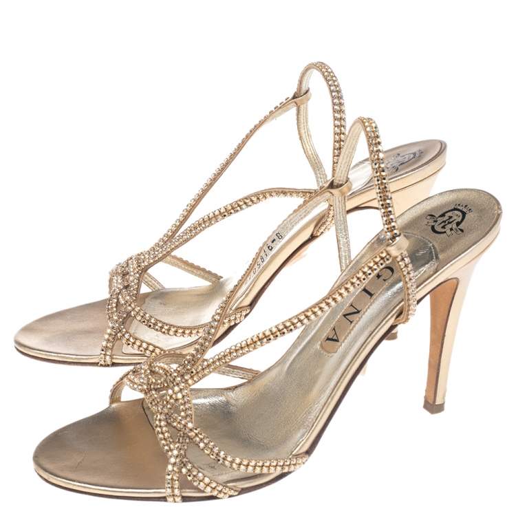 Pre Owned Gina Gold Crystal Embellished Leather Strappy Slingback Sandals Size 41
