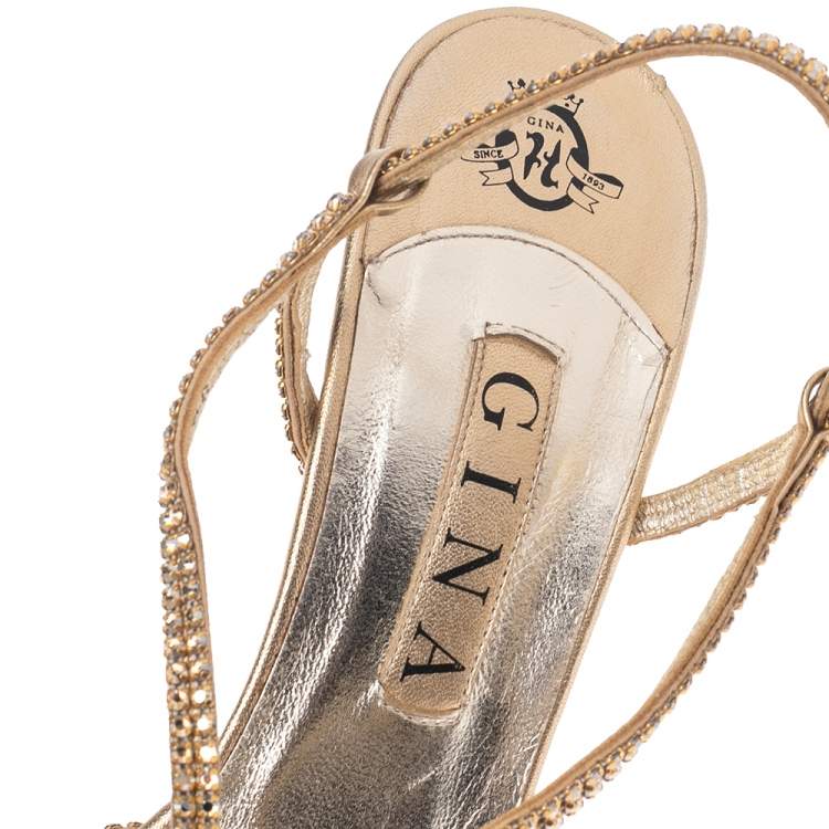 Pre Owned Gina Gold Crystal Embellished Leather Strappy Slingback Sandals Size 41