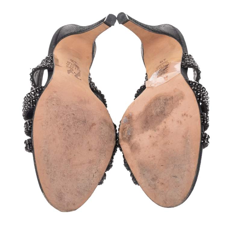 Pre Owned Gina Black Leather Crystal Embellished Slide Sandals Size 37.5