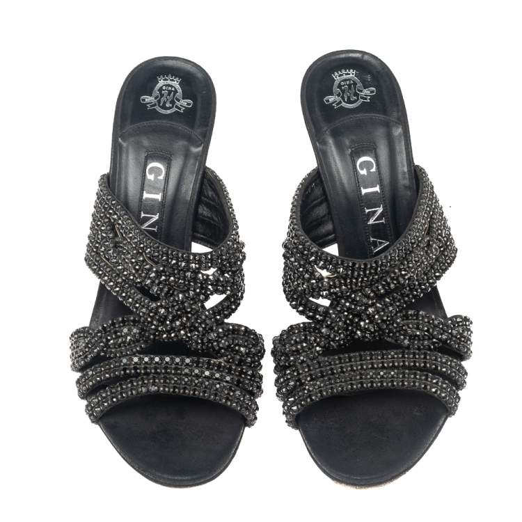 Pre Owned Gina Black Leather Crystal Embellished Slide Sandals Size 37.5