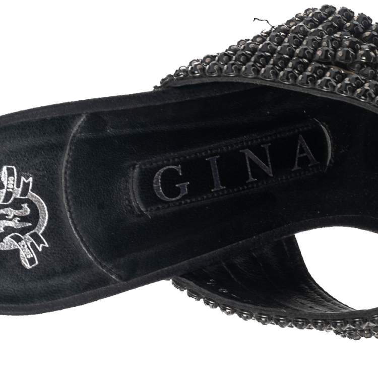 Pre Owned Gina Black Leather Crystal Embellished Slide Sandals Size 37.5