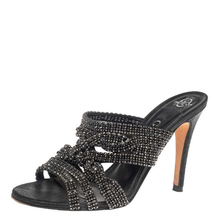 Pre Owned Gina Black Leather Crystal Embellished Slide Sandals Size 37.5