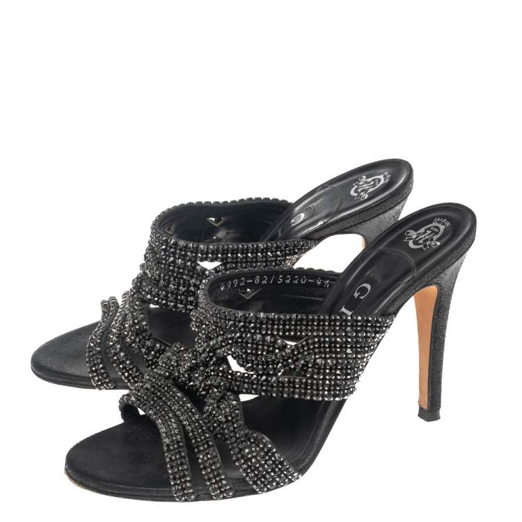 Pre Owned Gina Black Leather Crystal Embellished Slide Sandals Size 37.5