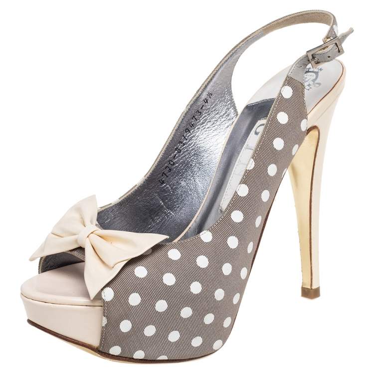 Gina Grey/Cream Polka Canvas And Patent Leather Bow Open Toe Sandals ...