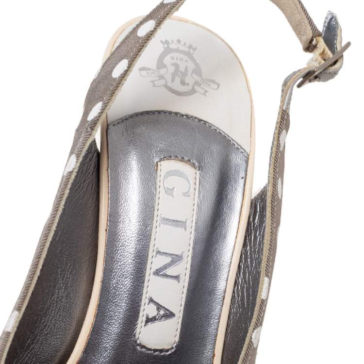 Pre Owned Gina Grey/Cream Polka Canvas And Patent Leather Bow Open Toe Sandals Size 37.5