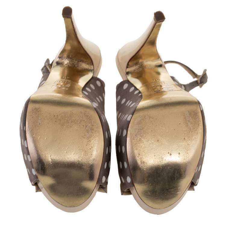 Pre Owned Gina Grey/Cream Polka Canvas And Patent Leather Bow Open Toe Sandals Size 37.5