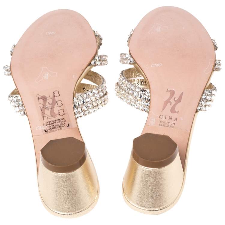 Pre Owned Gina Gold Leather Crystal Embellished Block Heel Slides Size 37