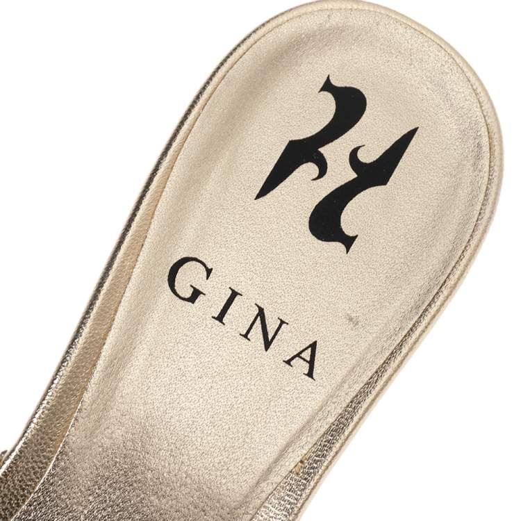 Pre Owned Gina Gold Leather Crystal Embellished Block Heel Slides Size 37