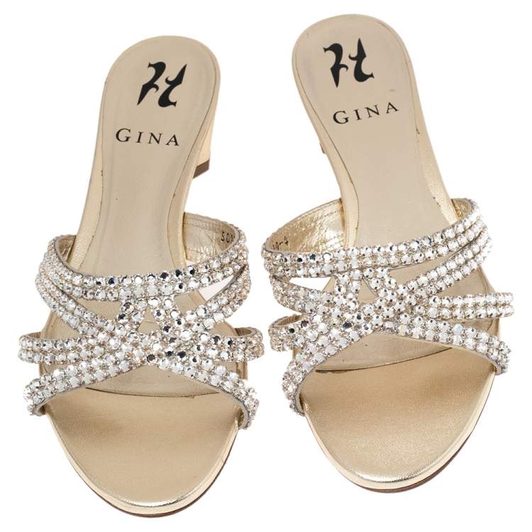 Pre Owned Gina Gold Leather Crystal Embellished Block Heel Slides Size 37