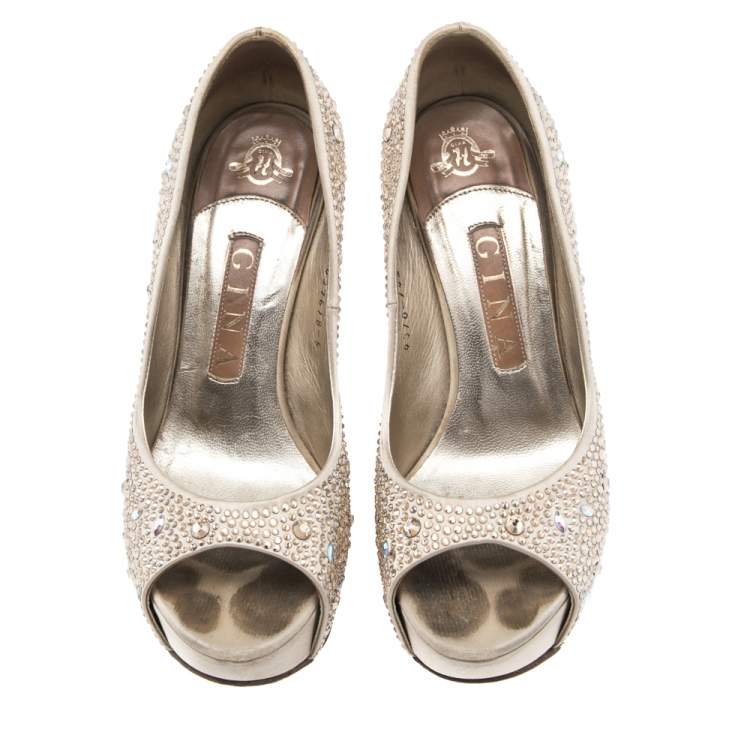 Pre Owned Gina Light Gold Satin Crystal Embellished Peep Toe Platform Pumps Size 38