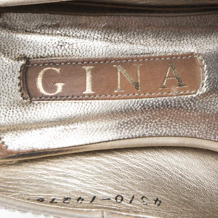 Pre Owned Gina Light Gold Satin Crystal Embellished Peep Toe Platform Pumps Size 38