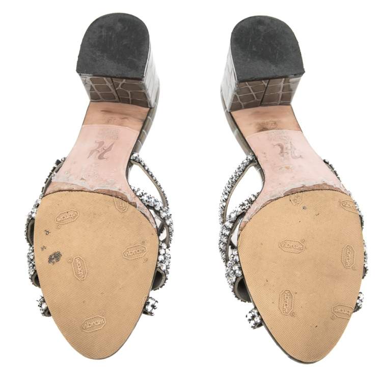 Pre Owned Gina Green Croc Embossed Leather Crystal Embellished Loren Sandals Size 40