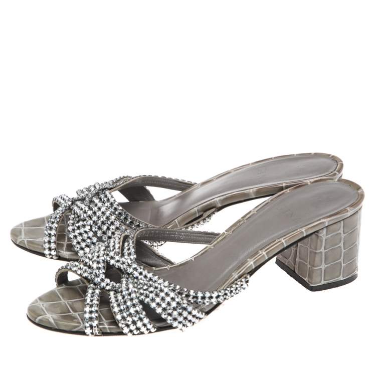 Pre Owned Gina Green Croc Embossed Leather Crystal Embellished Loren Sandals Size 40