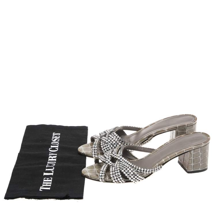 Pre Owned Gina Green Croc Embossed Leather Crystal Embellished Loren Sandals Size 40