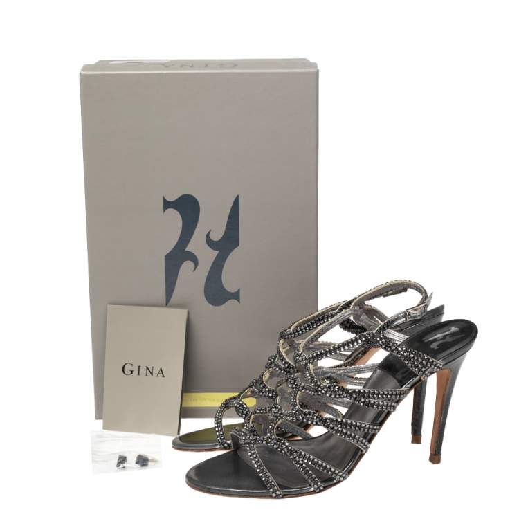 مملوكة مسبقًا Gina Silver Leather Crystal Embellished Strappy Sandals Size 40