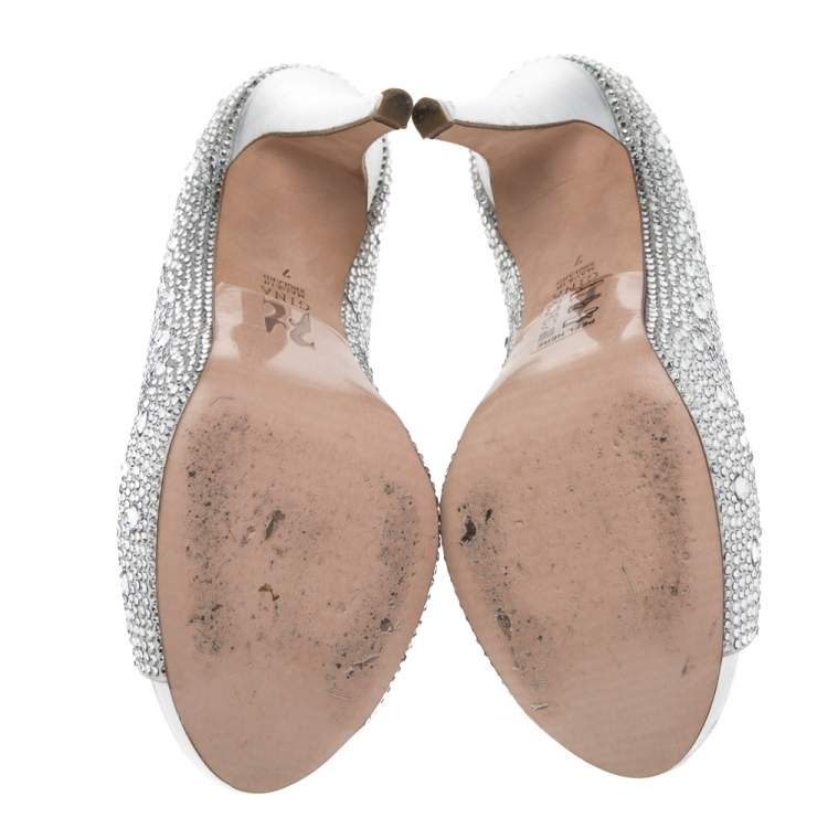 Pre Owned Gina Silver Satin Crystal Embellished Open Toe Platform Pumps Size 40