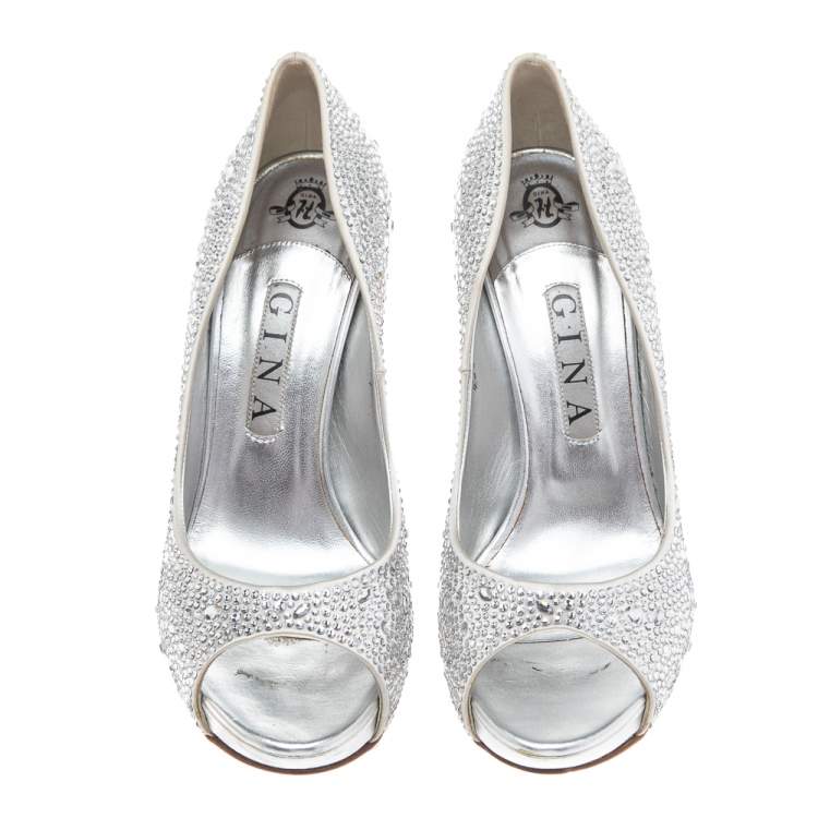 Pre Owned Gina Silver Satin Crystal Embellished Open Toe Platform Pumps Size 40