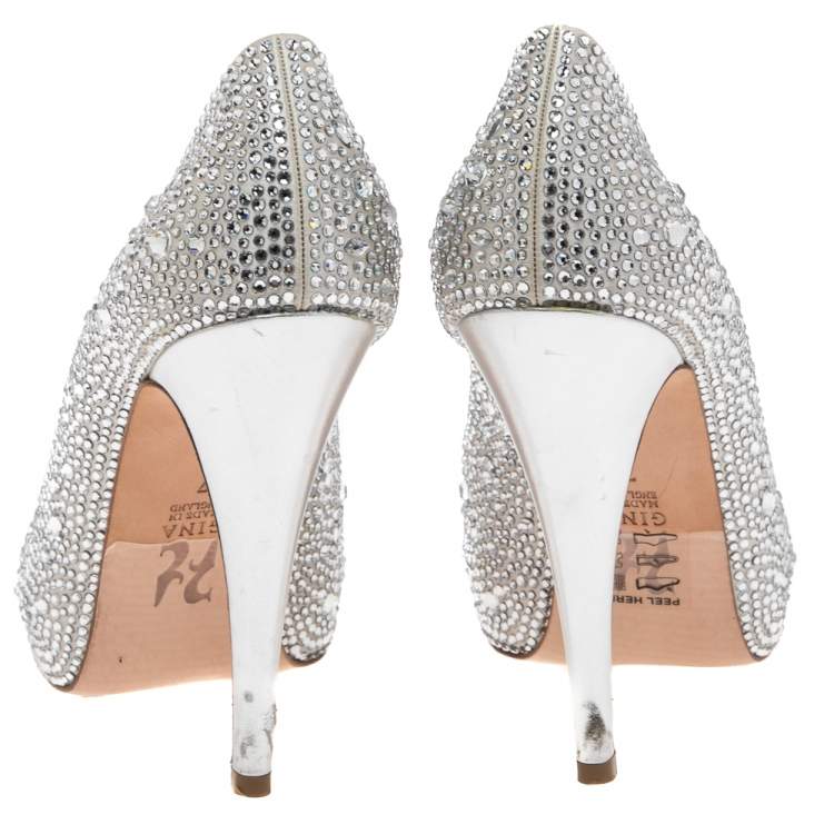 Pre Owned Gina Silver Satin Crystal Embellished Open Toe Platform Pumps Size 40