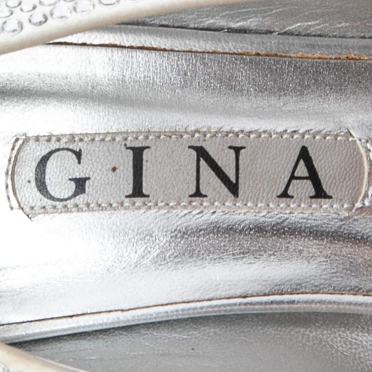 Pre Owned Gina Silver Satin Crystal Embellished Open Toe Platform Pumps Size 40