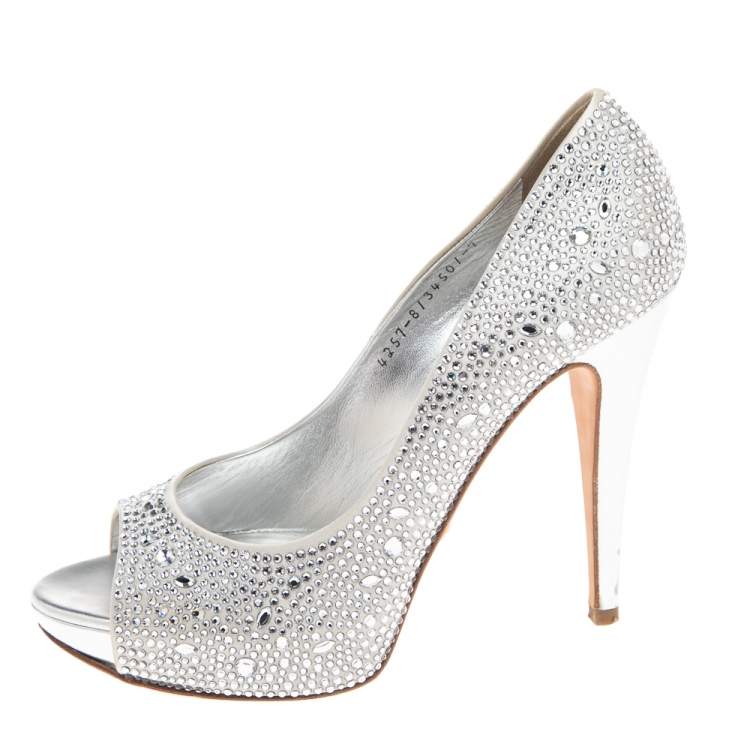 Pre Owned Gina Silver Satin Crystal Embellished Open Toe Platform Pumps Size 40