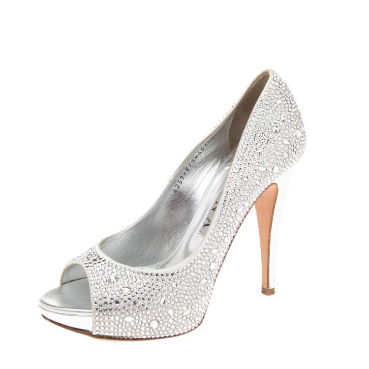 Pre Owned Gina Silver Satin Crystal Embellished Open Toe Platform Pumps Size 40